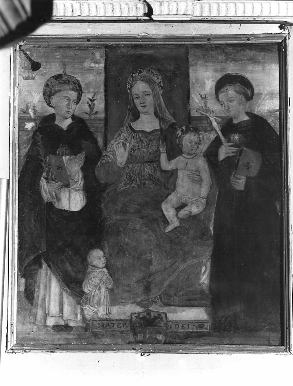 Madonna con Bambino in trono fra San Vincenzo Ferrer, San Nicola da Tolentino e donatore (dipinto) - ambito lombardo (prima metà sec. XVI)