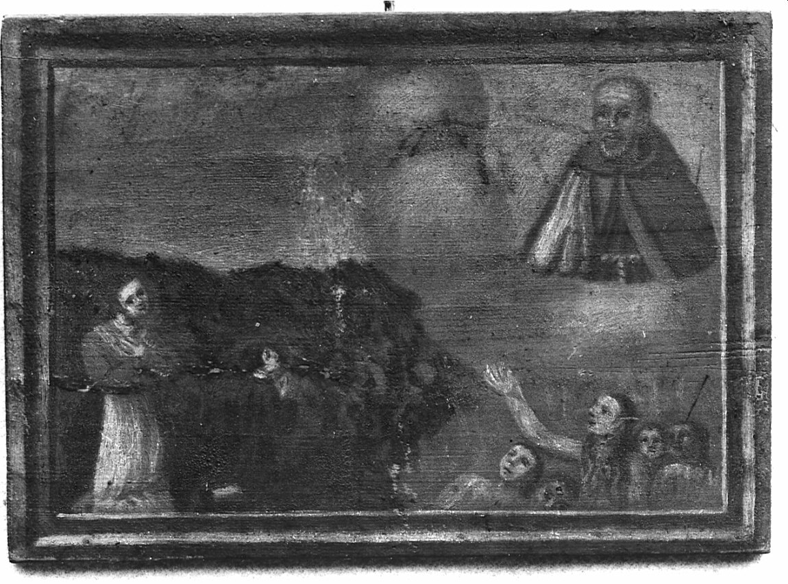 apparizione di Cristofano ad una contadina/ Devoti chiedono l'intercessione del beato Cristofano Padella per anime del Purgatorio (ex voto) - ambito lombardo (sec. XVIII)
