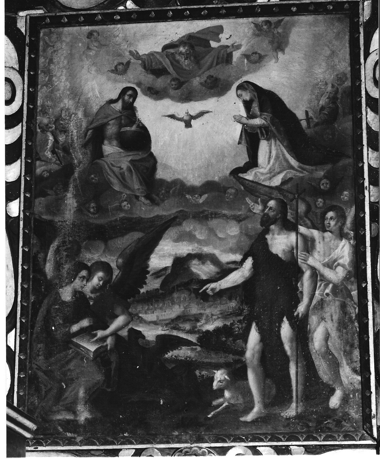 Trinità con la Madonna, San Giovanni Battista e angeli (dipinto, opera isolata) - ambito lombardo (sec. XVII)