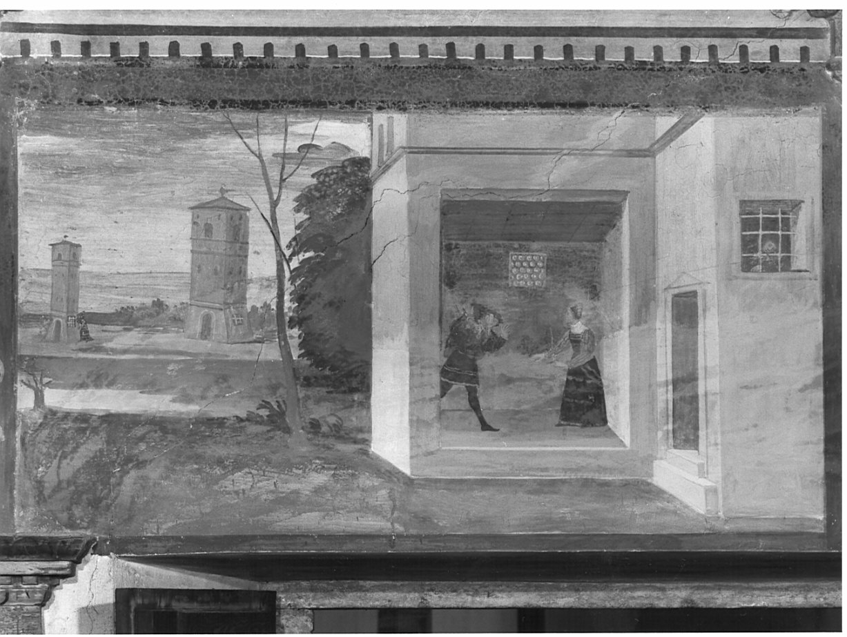 Gabrina tormenta Filandro/ Gabrina fa entrare in casa di nascosto il marito (dipinto, elemento d'insieme) di De Barberis Michele (attribuito) (sec. XVI)