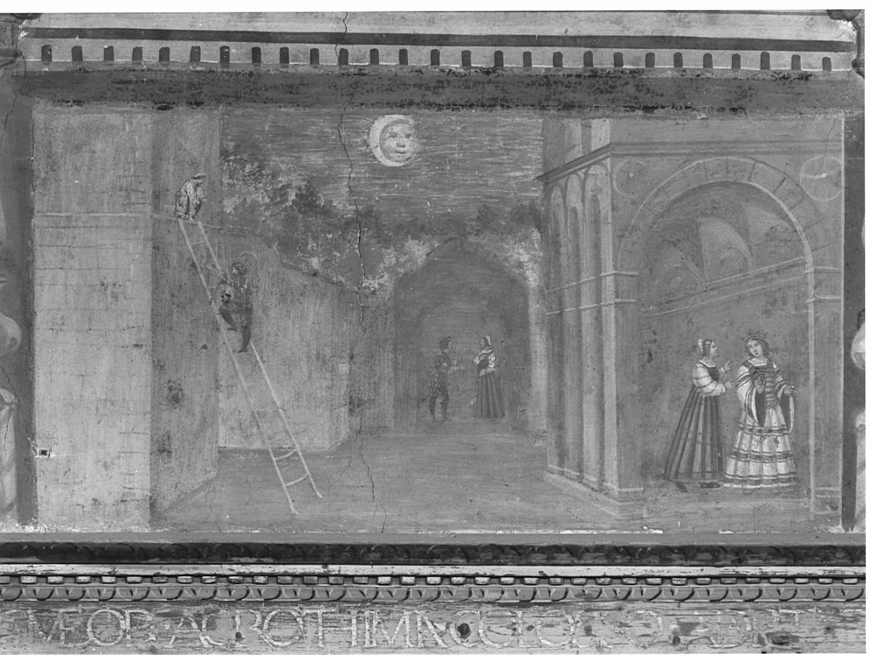 Dalinda cerca di convincere Ginevra a sposare Polinesso (dipinto, elemento d'insieme) di De Barberis Michele (attribuito) (sec. XVI)