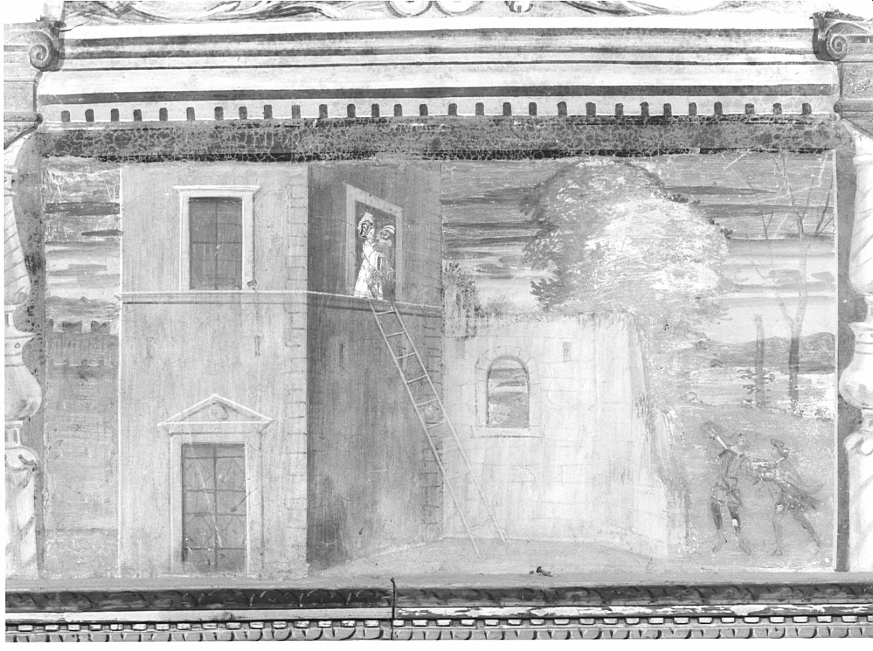 Polinesso e Dalinda fingono il tradimento di Ginevra/ Lurcanio sventa il suicidio del fratello Ariodante (dipinto, elemento d'insieme) di De Barberis Michele (attribuito) (sec. XVI)