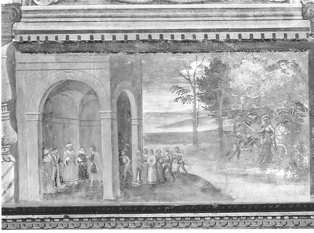 Lurcanio accusa Ginevra, che viene portata davanti al padre come rea (dipinto, elemento d'insieme) di De Barberis Michele (attribuito) (sec. XVI)