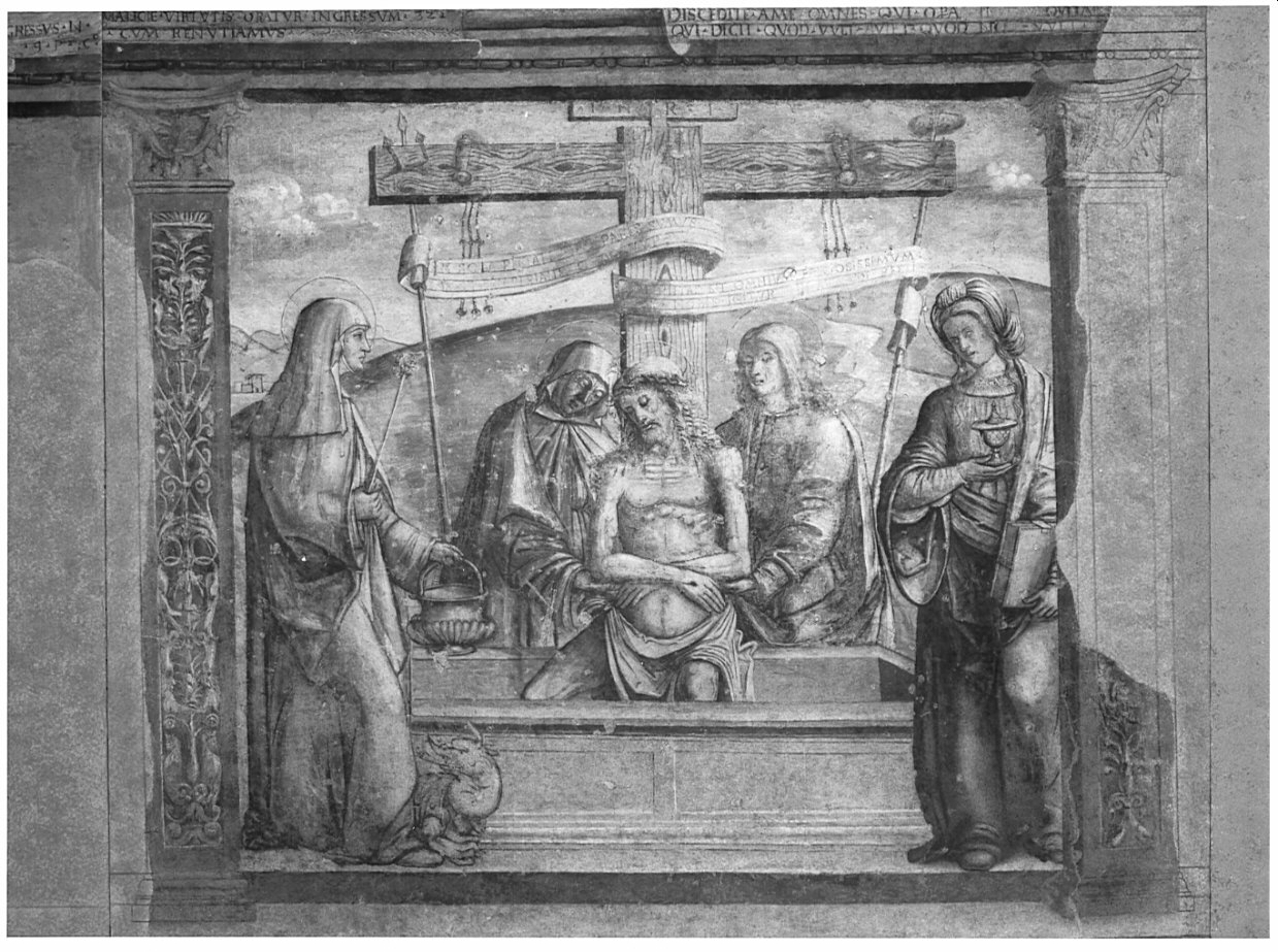 Cristo in pietà tra Madonna e Santi (dipinto, elemento d'insieme) di De Barberis Vincenzo (cerchia) (sec. XVI)