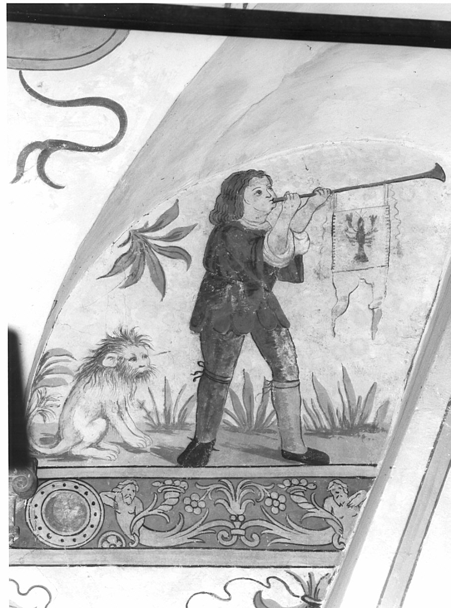 Suonatore di tuba/ stemma gentilizio della famiglia Gambara (?) (dipinto, elemento d'insieme) - ambito lombardo (prima metà sec. XVI)