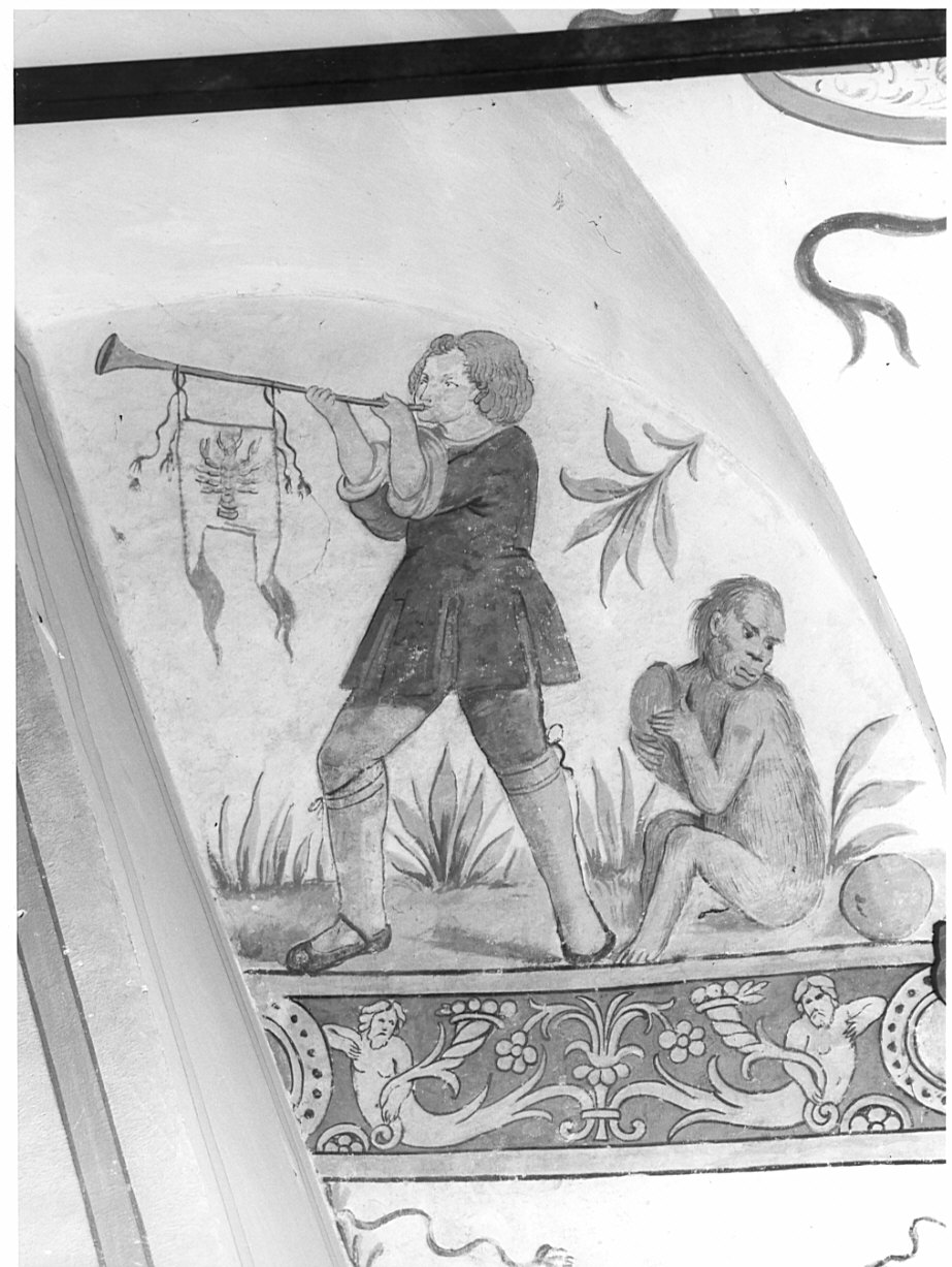 Suonatore di tuba/ stemma gentilizio della famiglia Gambara (?) (dipinto, elemento d'insieme) - ambito lombardo (prima metà sec. XVI)