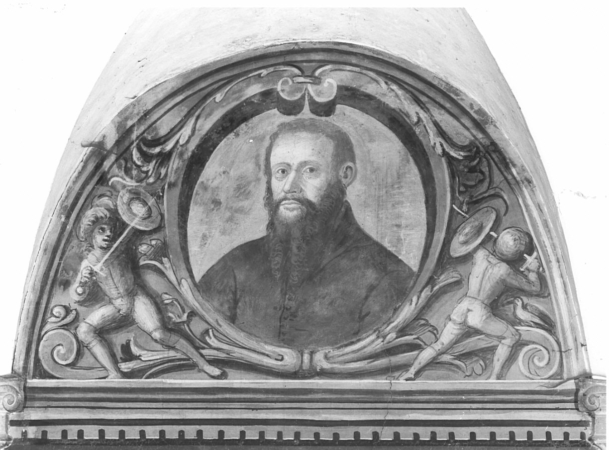 Motivi decorativi/ ritratto di ecclesiastico (?) (dipinto, elemento d'insieme) di De Barberis Vincenzo (attribuito) (sec. XVI)