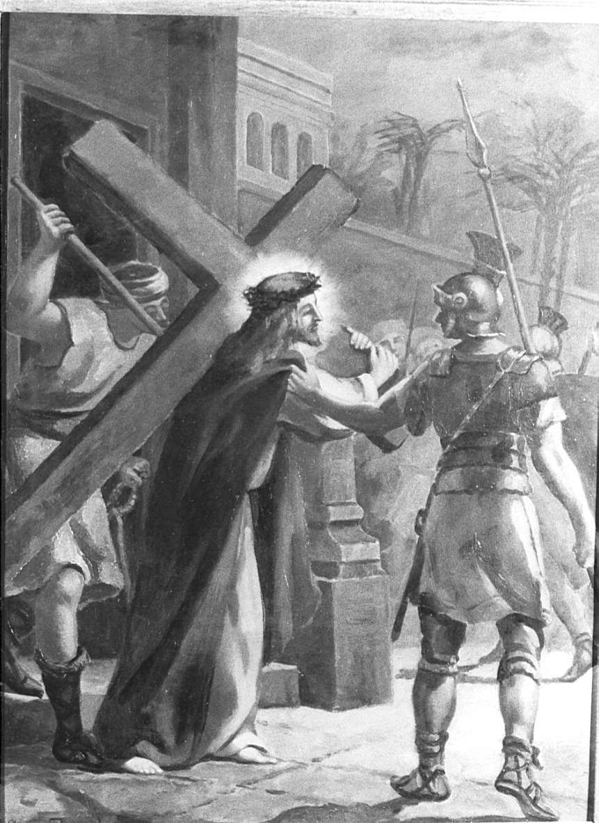 stazione II: Gesù caricato della croce (dipinto, elemento d'insieme) di Floriani Lissoni Maria (secondo quarto sec. XX)