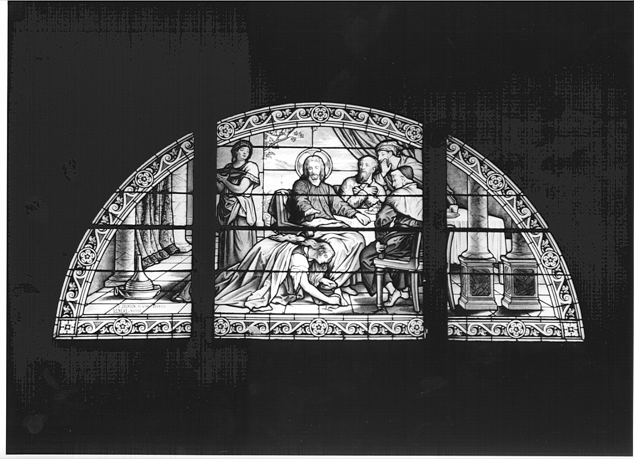 Santa Maria Maddalena lava i piedi di Cristo (vetrata, elemento d'insieme) di Jourdin G (sec. XX)