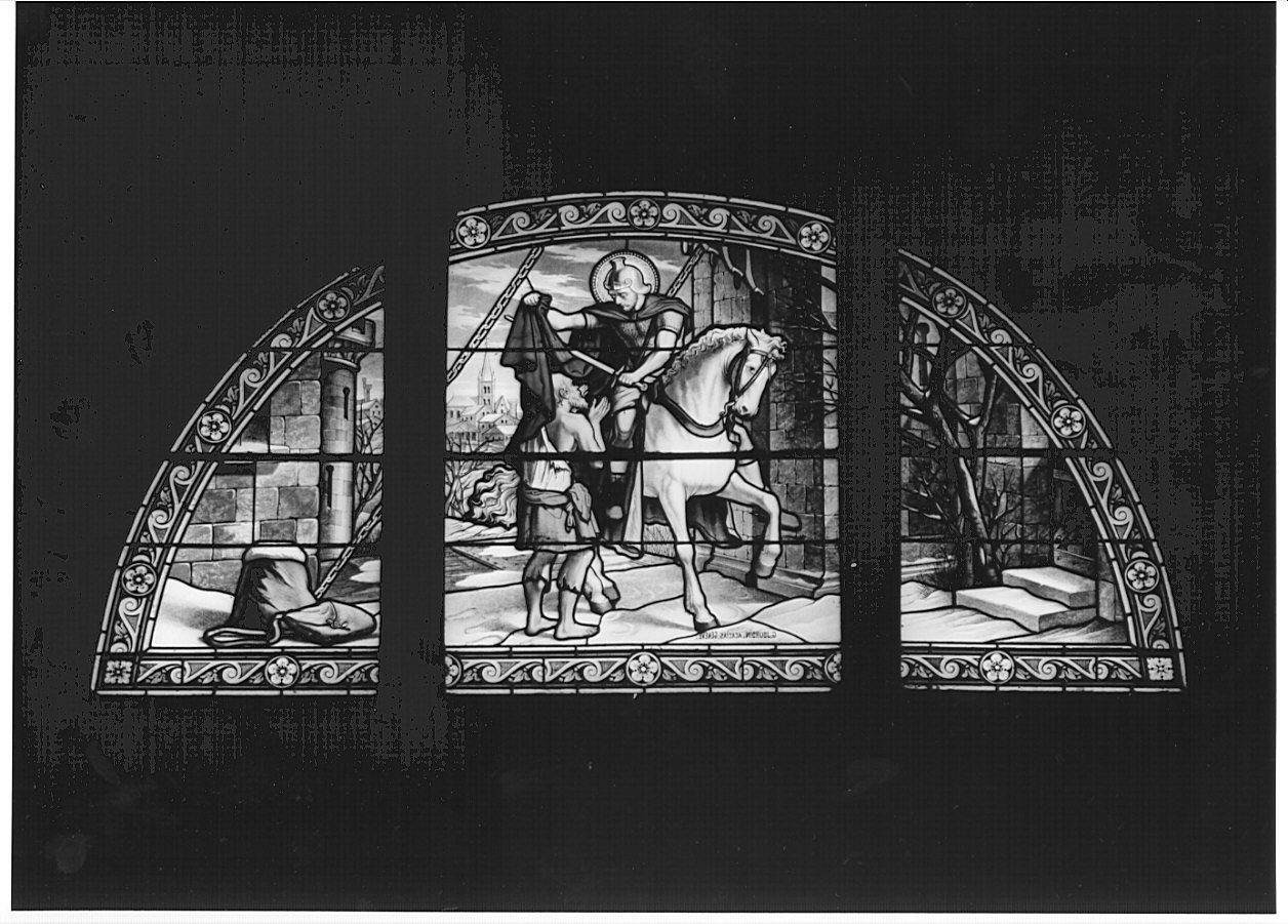 San Martino dona parte del mantello al povero (vetrata, elemento d'insieme) di Jourdin G (sec. XX)