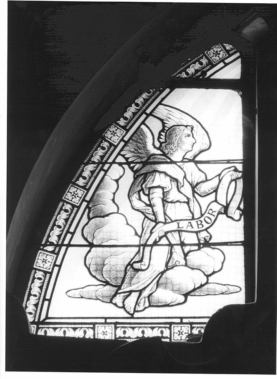 angelo con cartiglio (vetrata, elemento d'insieme) di Jourdin G (sec. XX)