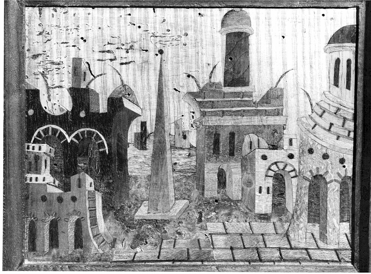 Paesaggio con architetture fantastiche e obelisco (decorazione a intarsio, elemento d'insieme) - ambito bresciano (sec. XVI)