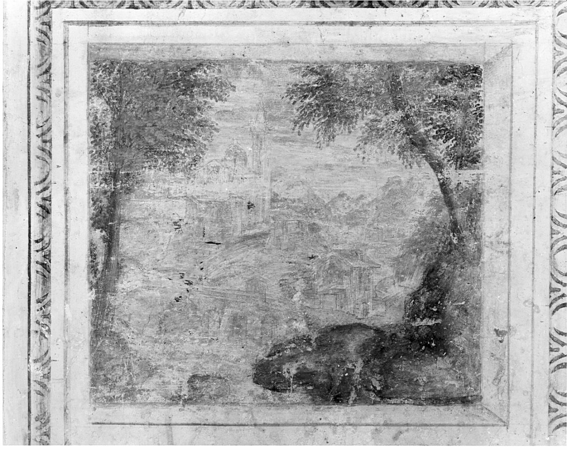 paesaggio con chiesa (dipinto, ciclo) di Caneva Antonio Maria detto Porlezzino (cerchia) (sec. XVI)