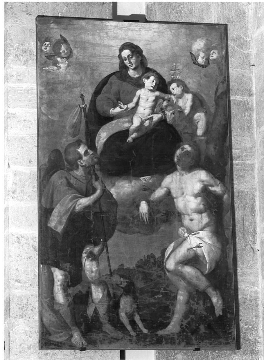 Madonna col Bambino e San Giovannino, San Sebastiano, San Rocco e angeli (dipinto, opera isolata) di Chignoli Girolamo (sec. XVII)