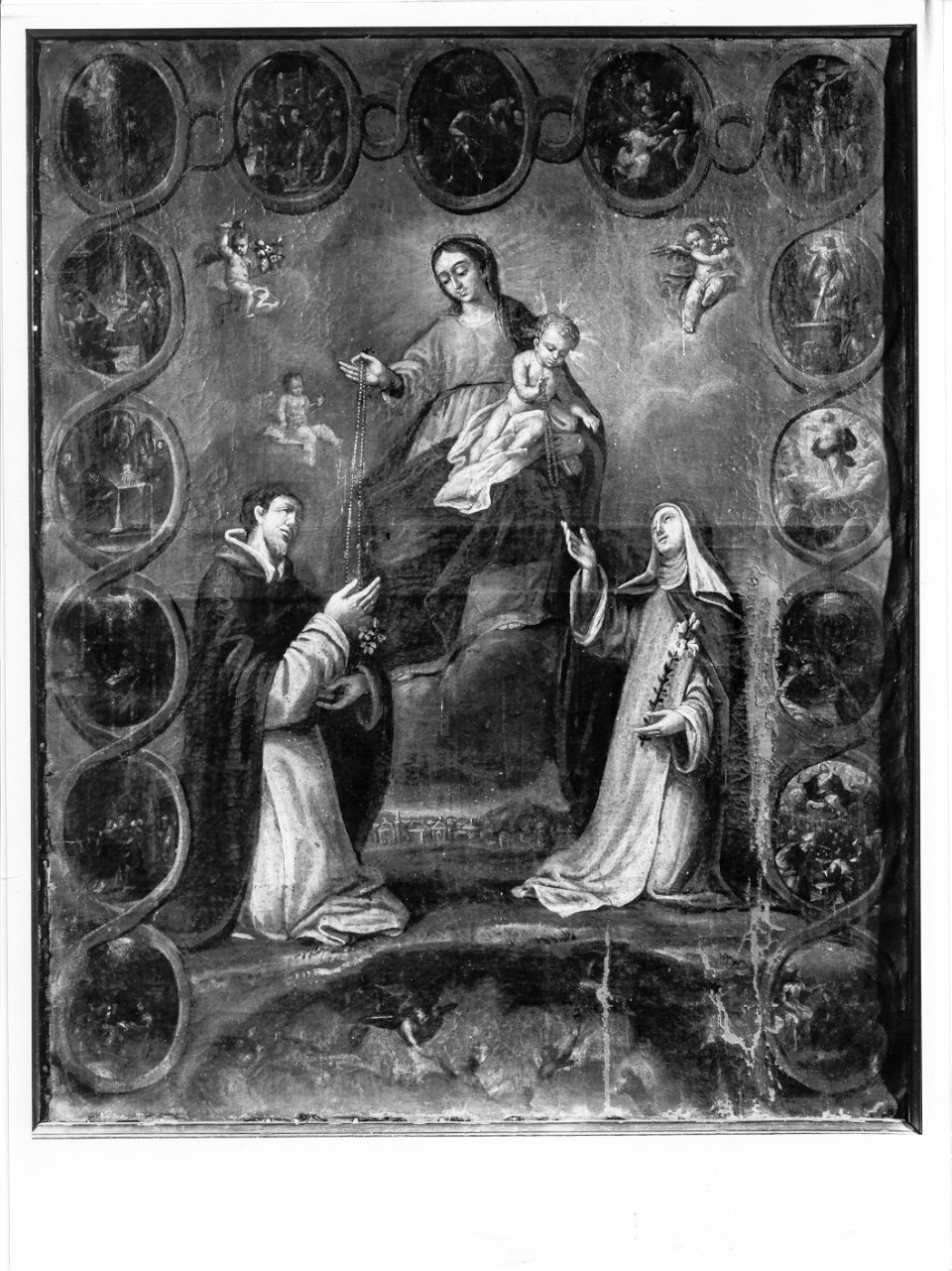 Madonna del Rosario con San Domenico e Santa Caterina da Siena e misteri del rosario (dipinto, opera isolata) - ambito lombardo (sec. XVII)