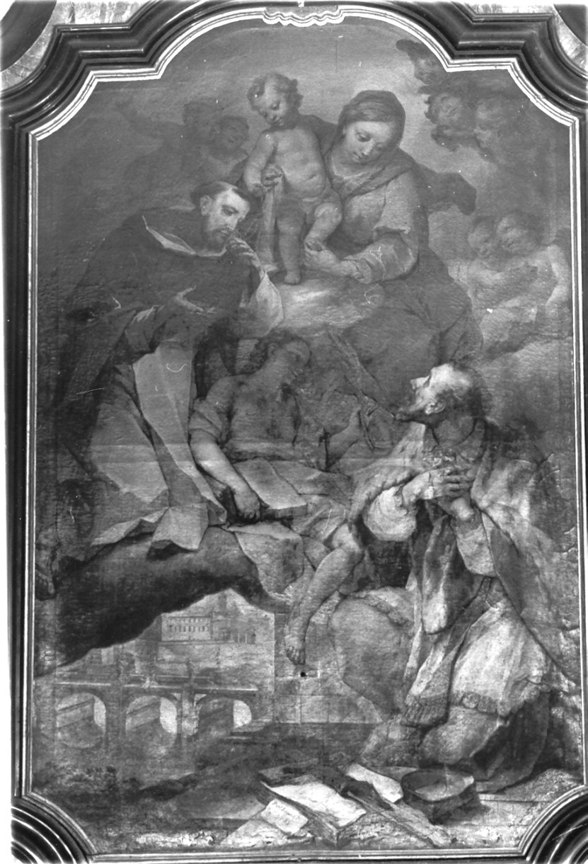 Madonna con Bambino in gloria e i santi Domenico e Giovanni Nepomuceno (dipinto, opera isolata) di Ligari Giovanni Pietro (sec. XVIII)