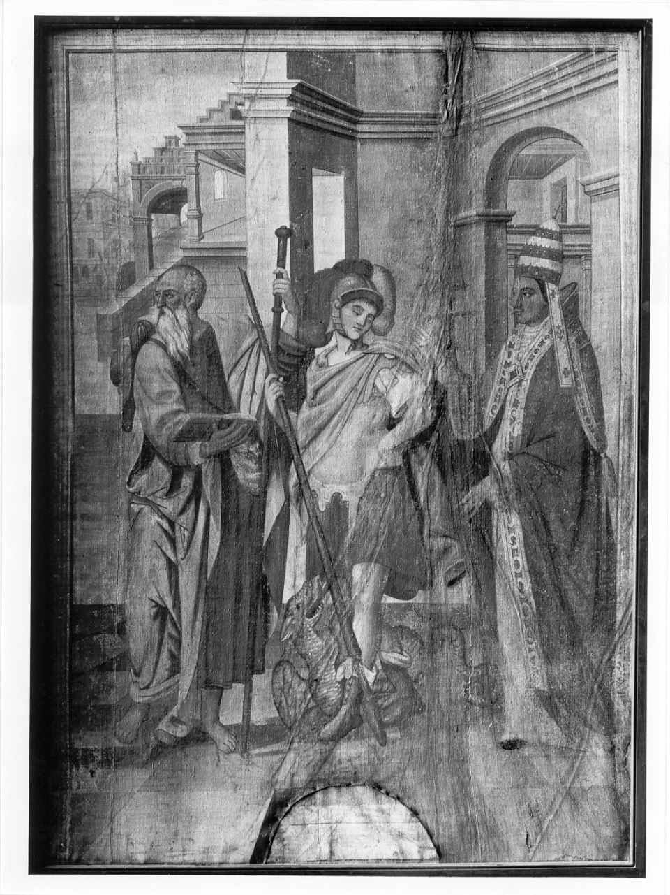 San Giorgio con San Giacomo e Gregorio Magno (dipinto, pendant) di Costa Giovan Battista (attribuito) (sec. XVI)