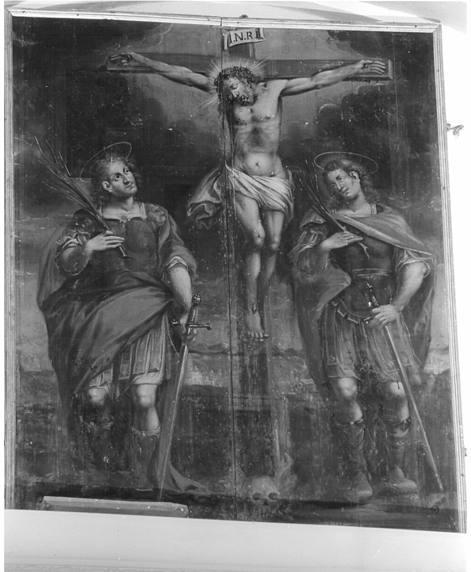 crocifissione di Cristo con San Gervasio e San Protasio (dipinto, opera isolata) - ambito lombardo (fine sec. XVI)
