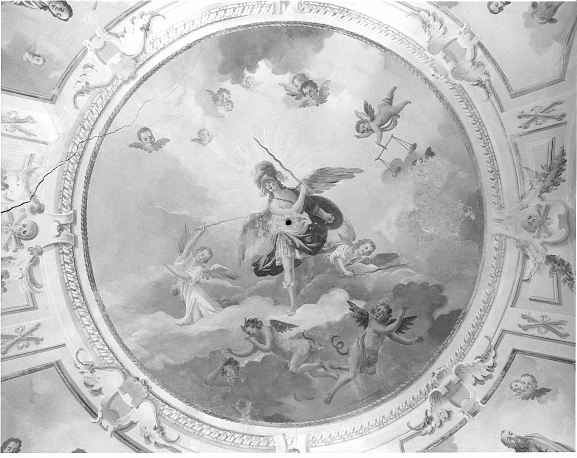 San Michele Arcangelo scaccia gli angeli ribelli dal paradiso (dipinto, elemento d'insieme) di Dongi Giovanni, Reganzano Domenico (sec. XVIII)