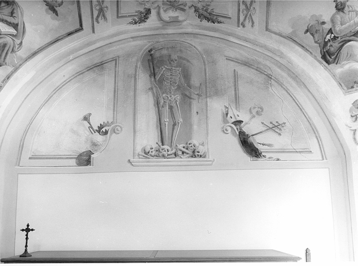 Personificazione della morte tra i simboli della potenza terrena (dipinto, elemento d'insieme) di Dongi Giovanni, Reganzano Domenico (sec. XVIII)