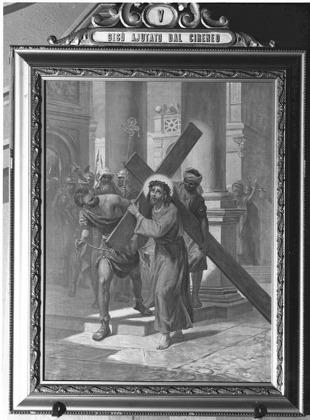 stazione V: Gesù aiutato da Simone il Cireneo a portare la croce (dipinto) di Morgara Luigi (sec. XIX)