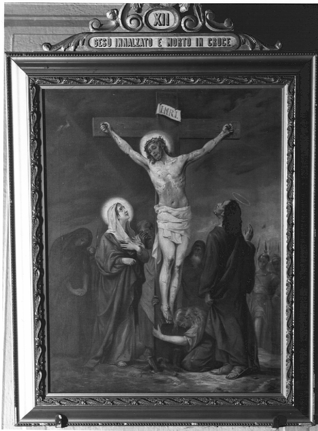 stazione XII: Gesù innalzato e morto in croce (dipinto) di Morgara Luigi (sec. XIX)