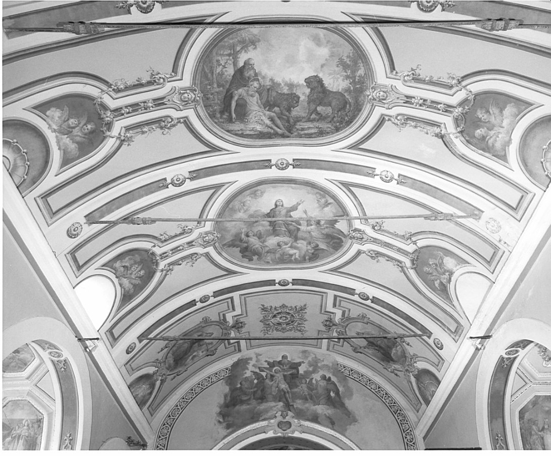 Madonna in gloria/ morte di Sant'Antonio Abate/ Trinità/ Quattro Evangelisti (dipinto, ciclo) di Tagliaferri Luigi (sec. XX)