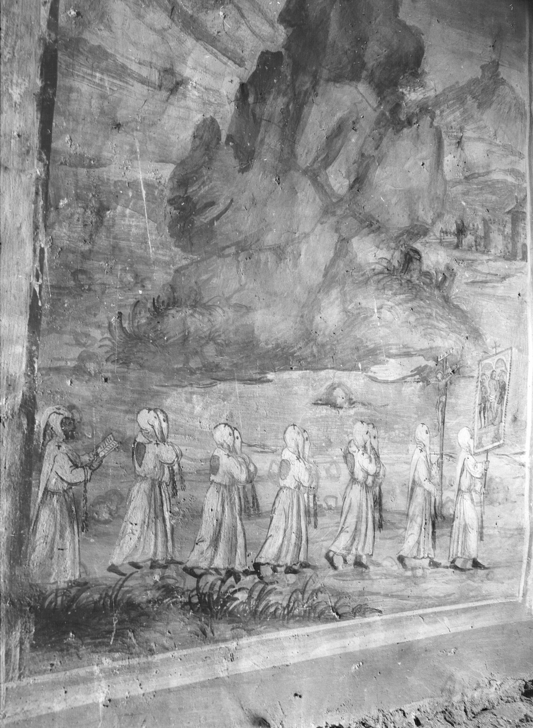 paesaggio fluviale/ processione dei Disciplini (dipinto, elemento d'insieme) - ambito lombardo (sec. XVI)