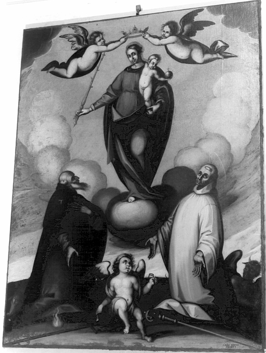 Madonna con Bambino incoronata dagli angeli tra Sant'Antonio Abate e San Bernardo (dipinto, opera isolata) di Marni Carlo (sec. XVII)