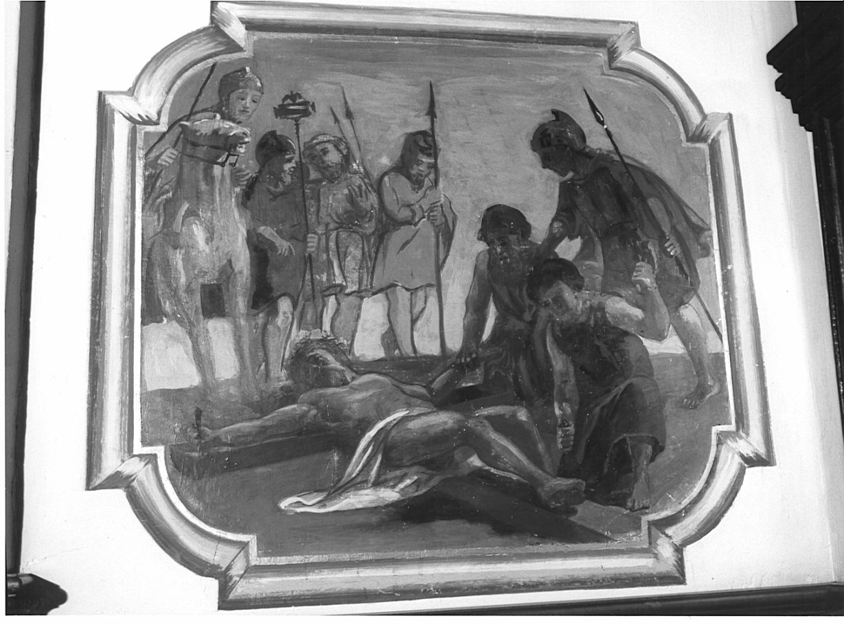 Cristo inchiodato alla croce (dipinto, elemento d'insieme) di Moscioni V (sec. XX)