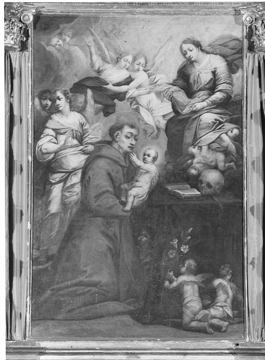 Sant'Antonio da Padova con Gesù Bambino, Madonna e angeli (dipinto, elemento d'insieme) di Piatti Francesco (attribuito) (sec. XVII)