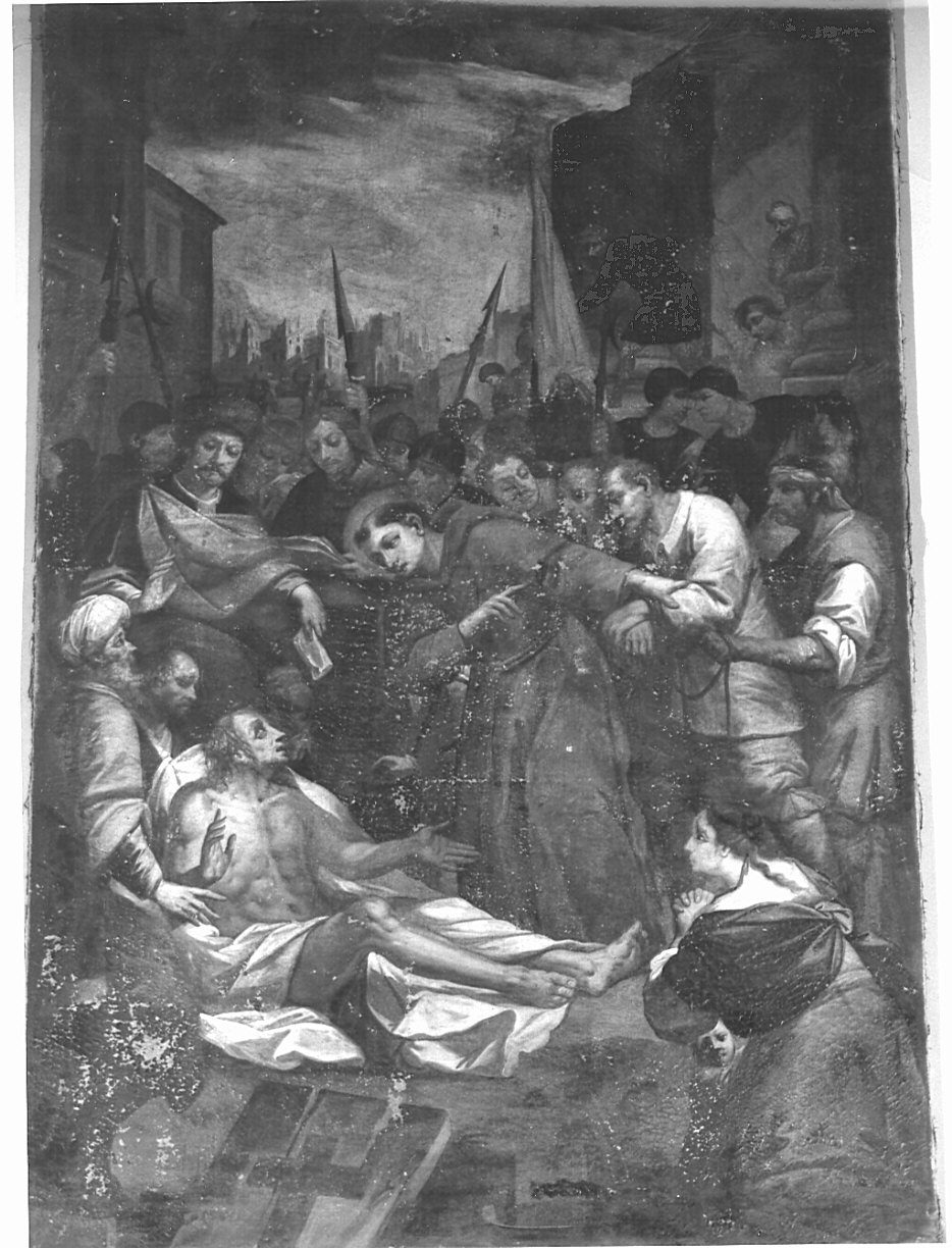 Sant'Antonio da Padova resuscita un morto (dipinto, elemento d'insieme) di Piatti Francesco (attribuito) (sec. XVII)