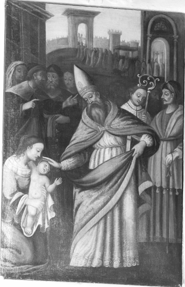 Sant'Ilario Vescovo benedice un bambino (dipinto, opera isolata) - ambito lombardo (seconda metà sec. XVII)