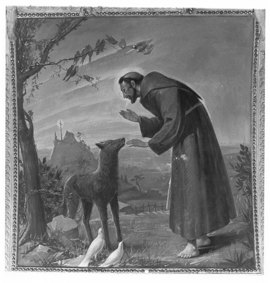 San Francesco d'Assisi e il lupo di Gubbio (dipinto, elemento d'insieme) di Conconi Turildo (sec. XX)