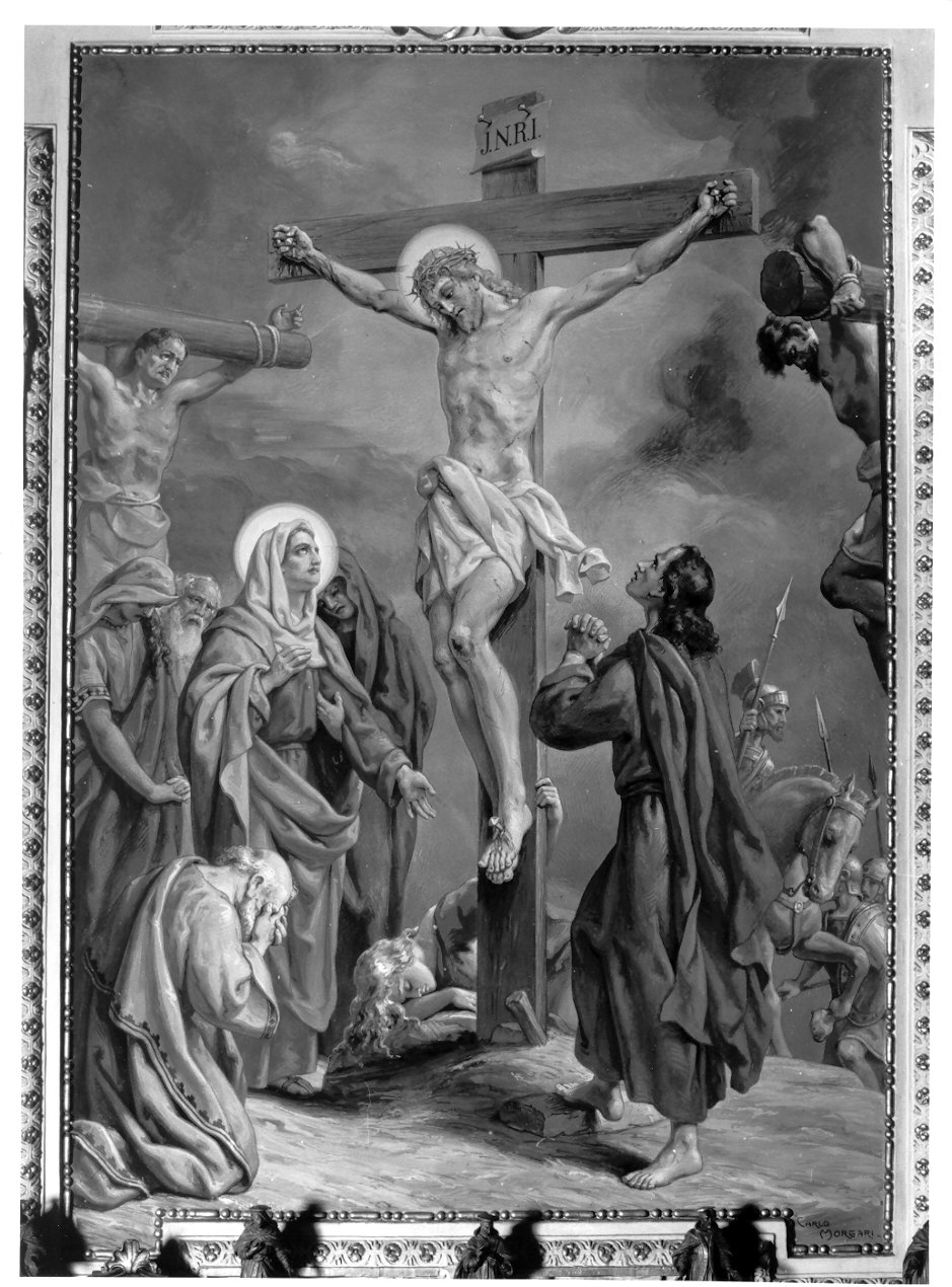 crocifissione di Cristo (dipinto, pendant) di Morgari Carlo (sec. XX)