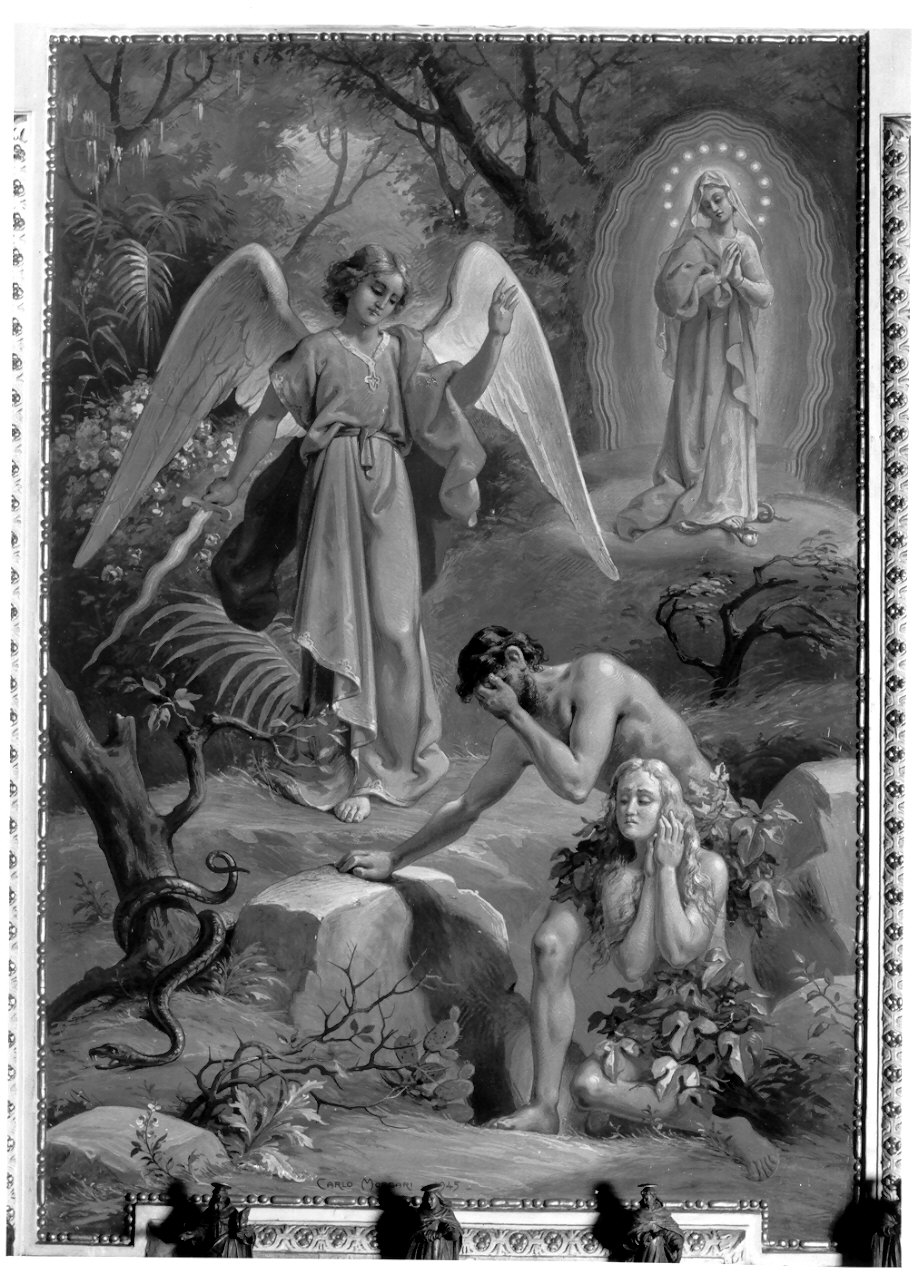 cacciata di Adamo ed Eva dal paradiso terrestre (dipinto, pendant) di Morgari Carlo (sec. XX)
