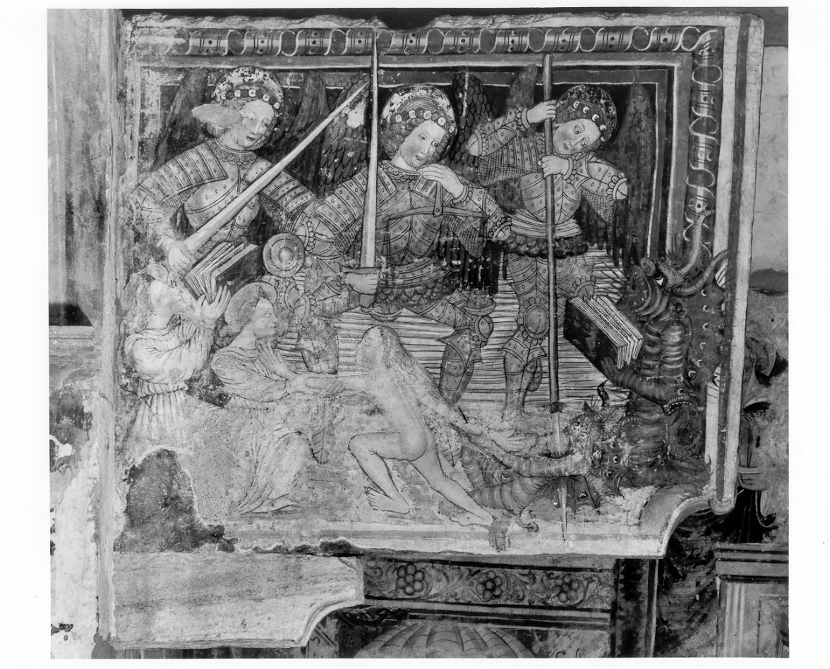 disputa di un'anima tra un angelo ed un demone (dipinto, elemento d'insieme) di Giovannino da Sondalo (attribuito) (sec. XVI)