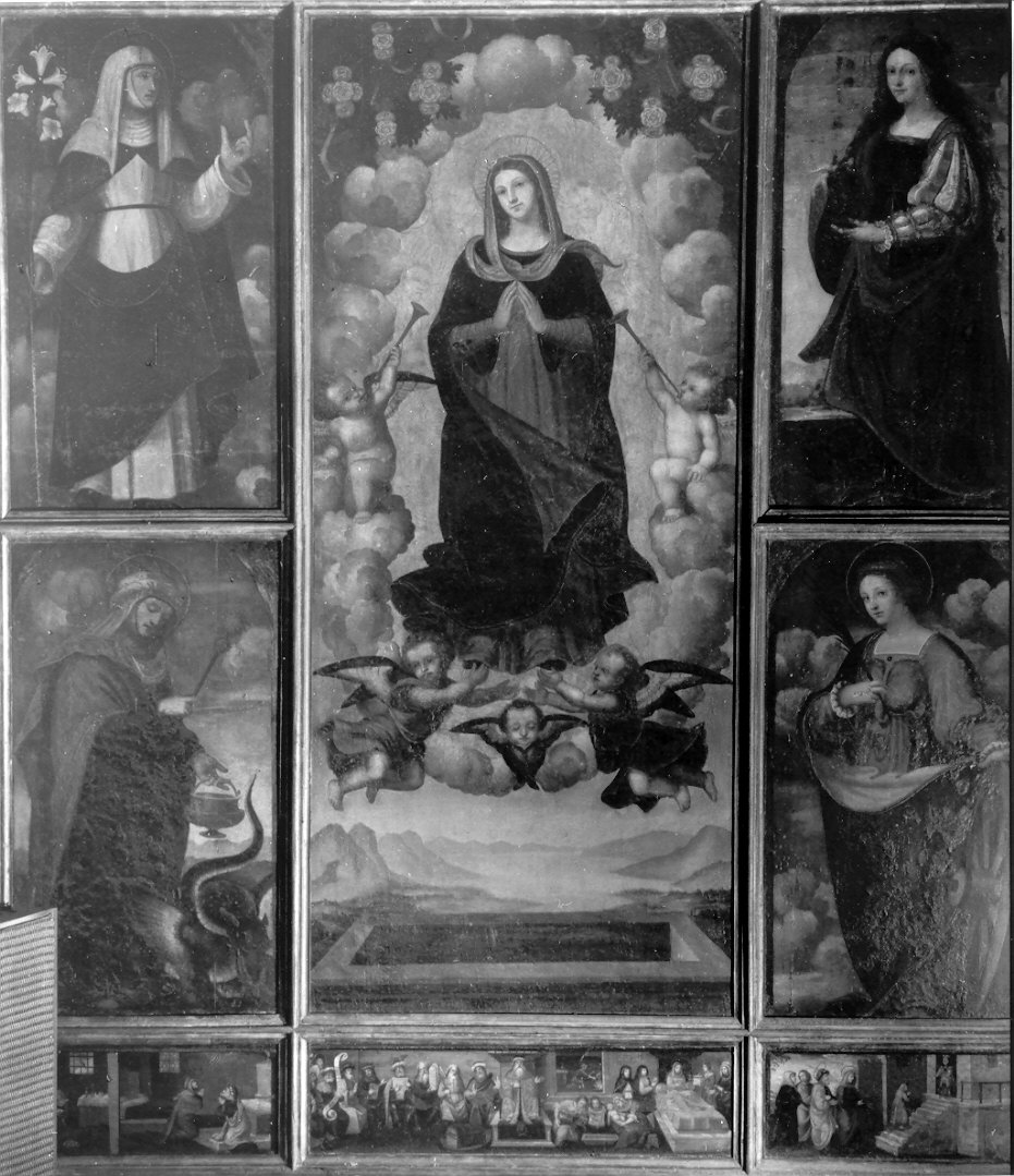 Madonna Assunta/ sante/ storie della vita della Madonna (polittico, opera isolata) di De Barberis Vincenzo (attribuito) (secondo quarto sec. XVI)