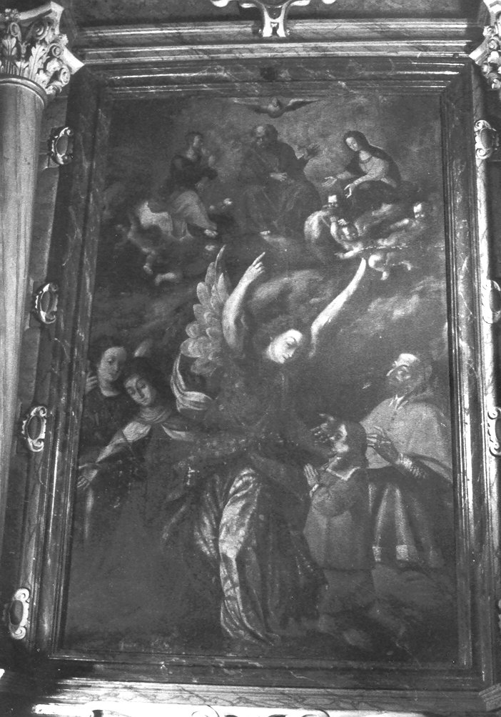 Santa Teresa, San Carlo Borromeo e donatore, con angelo indicante la Trinità e la Madonna in gloria (dipinto) - ambito lombardo (sec. XVII)