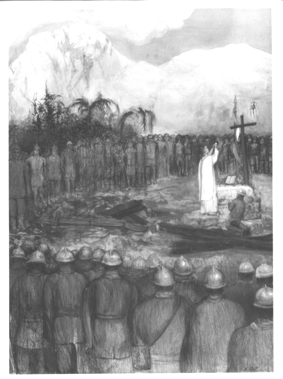 Celebrazione Eucaristica alla presenza di soldati (dipinto, opera isolata) di Galizzi Giovan Battista (sec. XX)