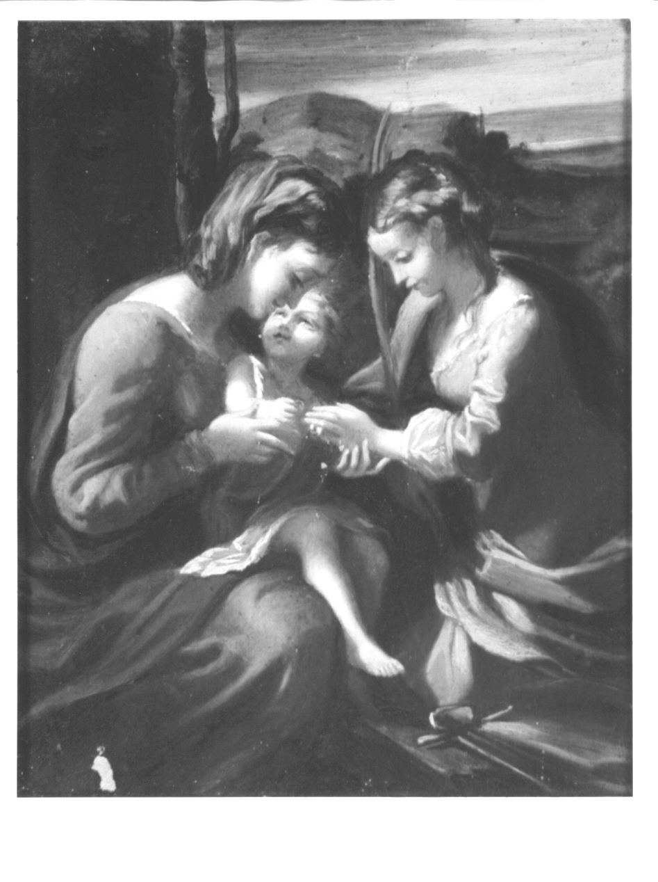 Nozze mistiche di Santa Caterina d'AlesSandria con il Bambino: questi le mette un anello al dito (dipinto, opera isolata) - ambito italiano (prima metà sec. XIX)