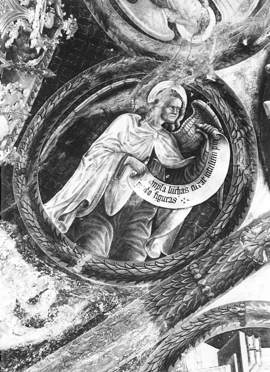 angelo con cartiglio (dipinto, elemento d'insieme) di Giovan Pietro da Cemmo (attribuito), Gian Giacomo da Lodi (attribuito), Scipioni Jacopino (attribuito), Angelo da Averara (attribuito) (sec. XV)