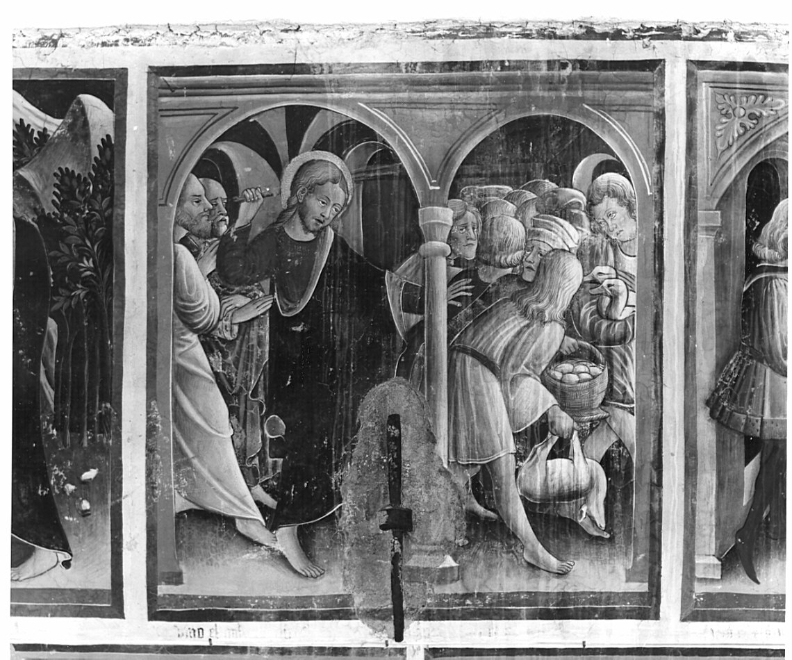 Cristo caccia i mercanti dal tempio (dipinto, elemento d'insieme) di Borlone Jacopo (attribuito), Busca Giacomo (attribuito) (sec. XV)