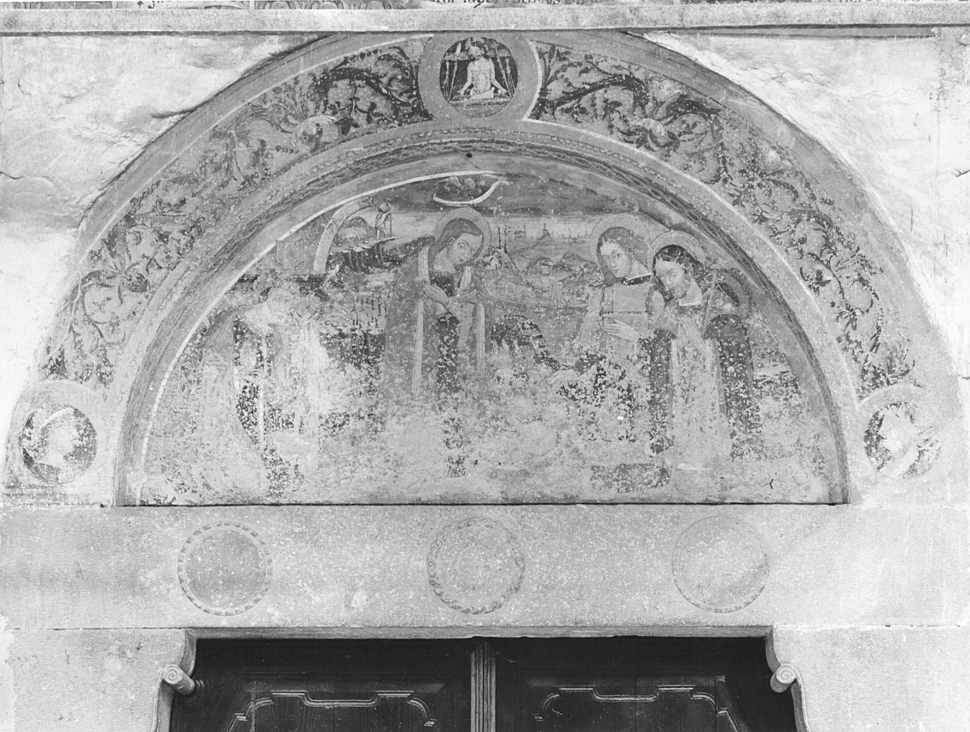 Madonna in adorazione del Bambino con San Giuseppe/ San Defendente/ San Rocco (dipinto, opera isolata) - ambito bergamasco (sec. XV)