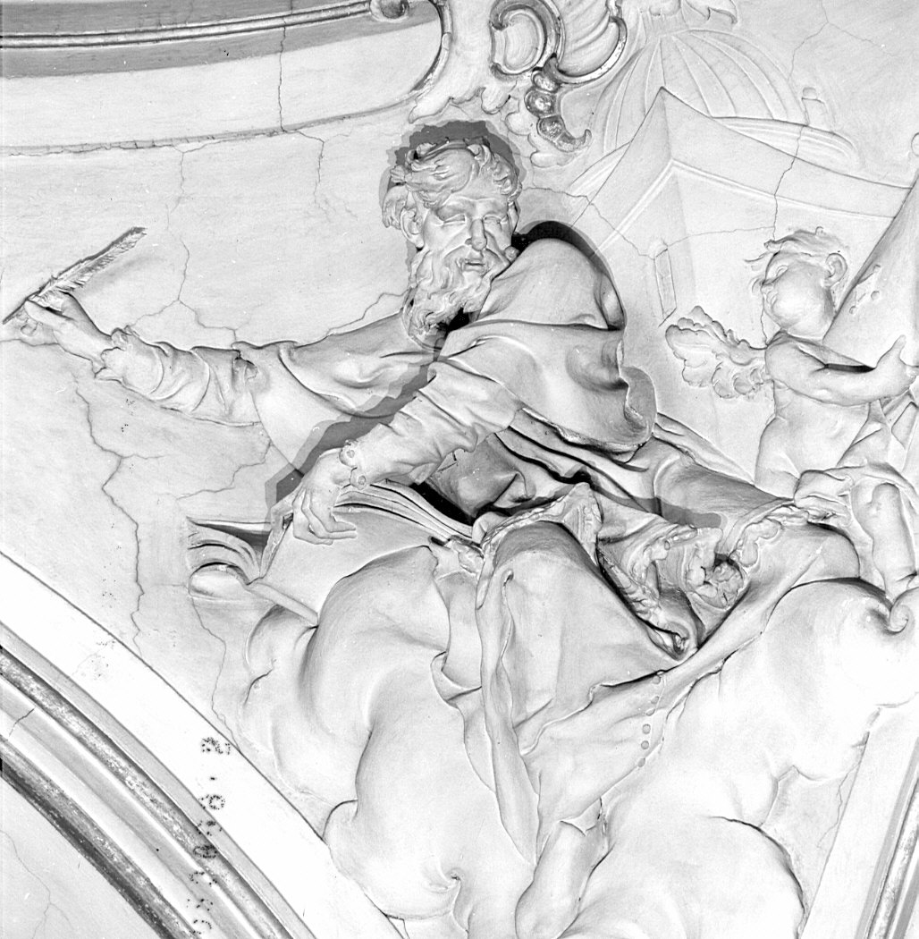 Padre della Chiesa (decorazione plastico-pittorica, elemento d'insieme) - bottega svizzera (?) (sec. XVIII)