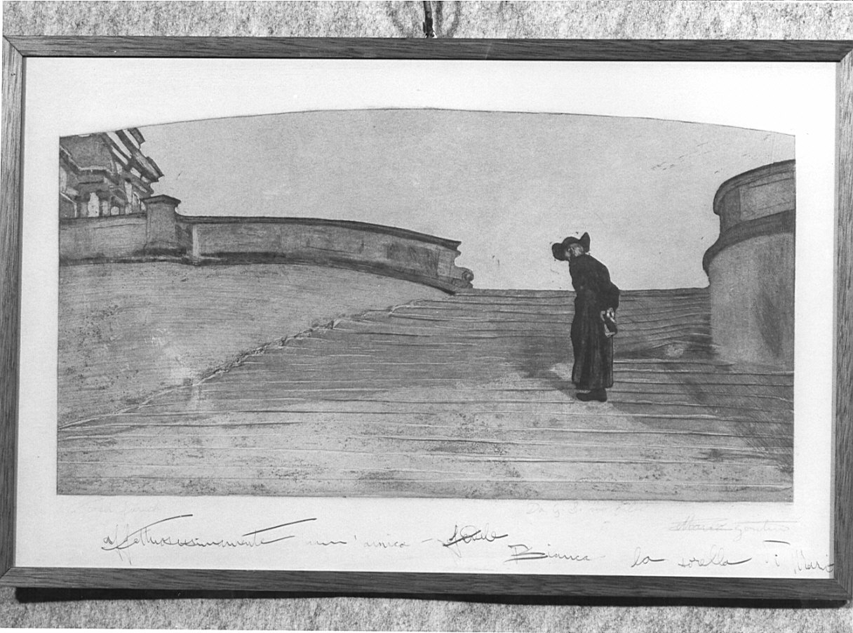Prete che sale la scalinata (disegno, opera isolata) di Geritini Nando (primo quarto sec. XX)