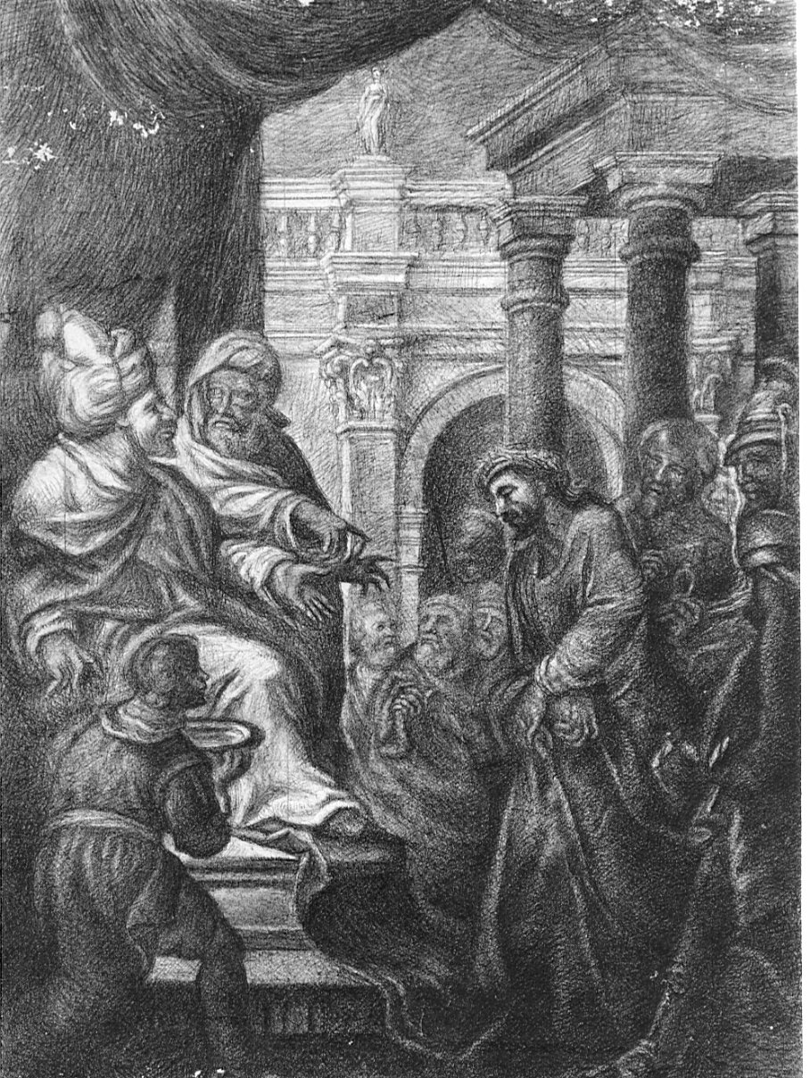 stazione I: Gesù condannato a morte (disegno preparatorio, elemento d'insieme) di Pezzotta Giovanni (sec. XIX)