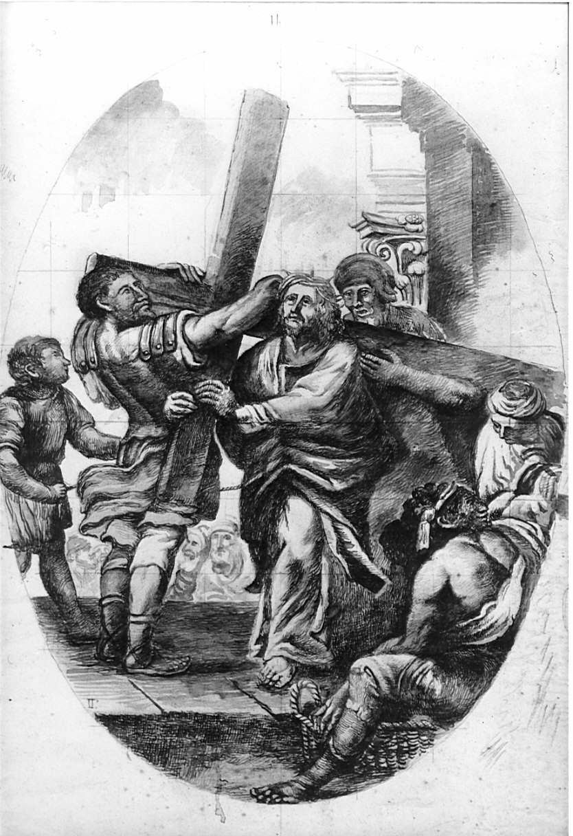 stazione II: Gesù caricato della croce (disegno preparatorio, elemento d'insieme) di Pezzotta Giovanni (sec. XIX)
