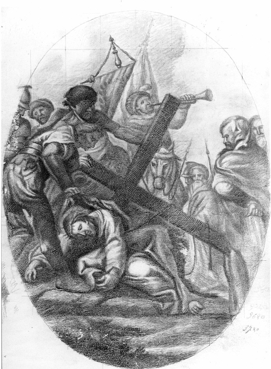 stazione III: Gesù cade sotto la croce la prima volta (disegno preparatorio, elemento d'insieme) di Pezzotta Giovanni (sec. XIX)