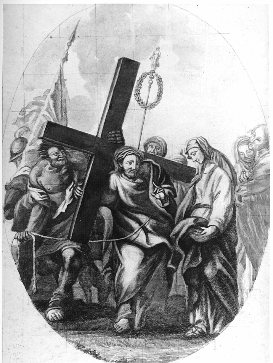 stazione IV: Gesù incontra la Madonna (disegno preparatorio, elemento d'insieme) di Pezzotta Giovanni (sec. XIX)